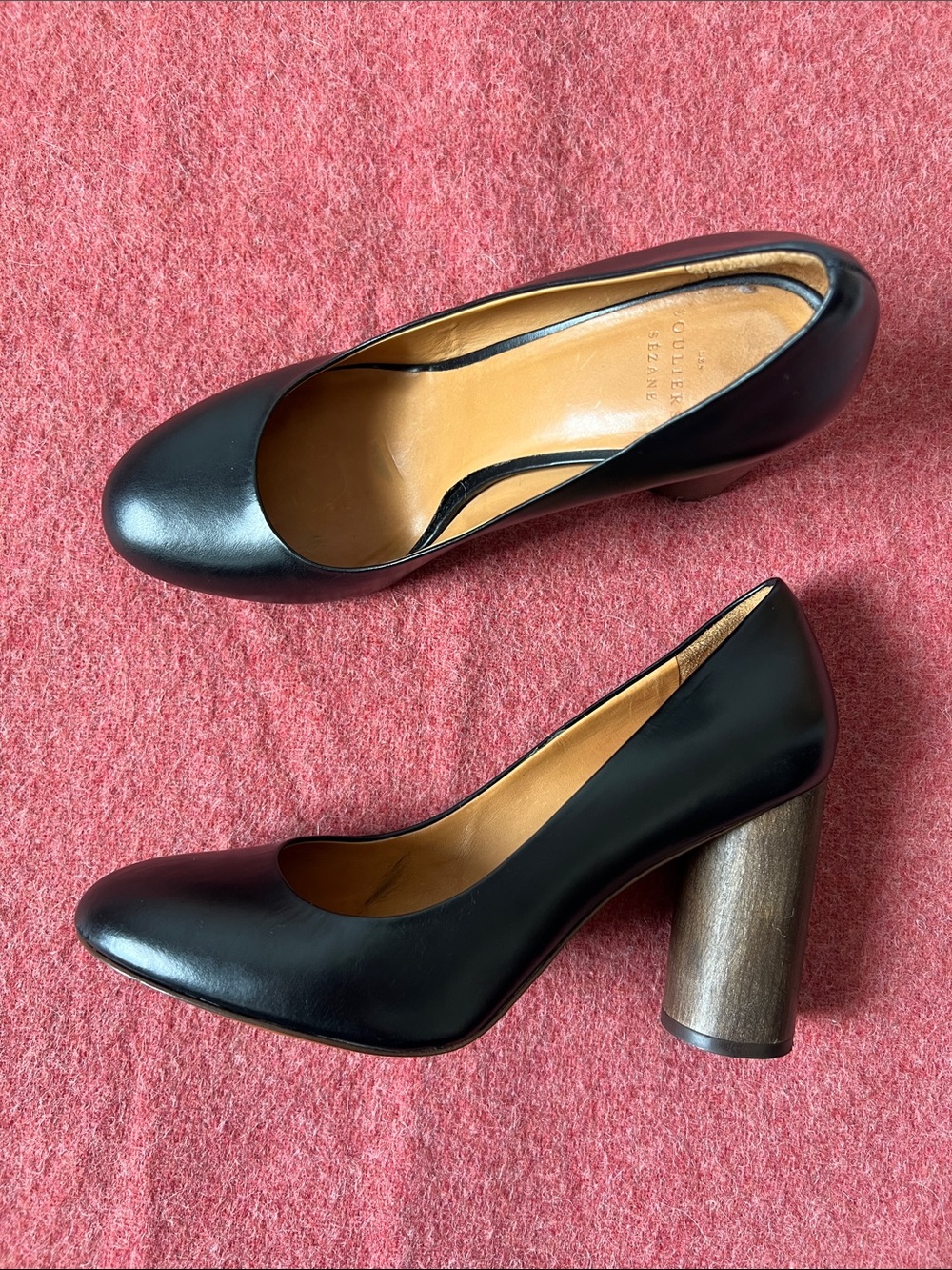 Sezane Helena Black Leather Heels Chunky Wood-effect Heel Size 39 - Picture 3 of 15